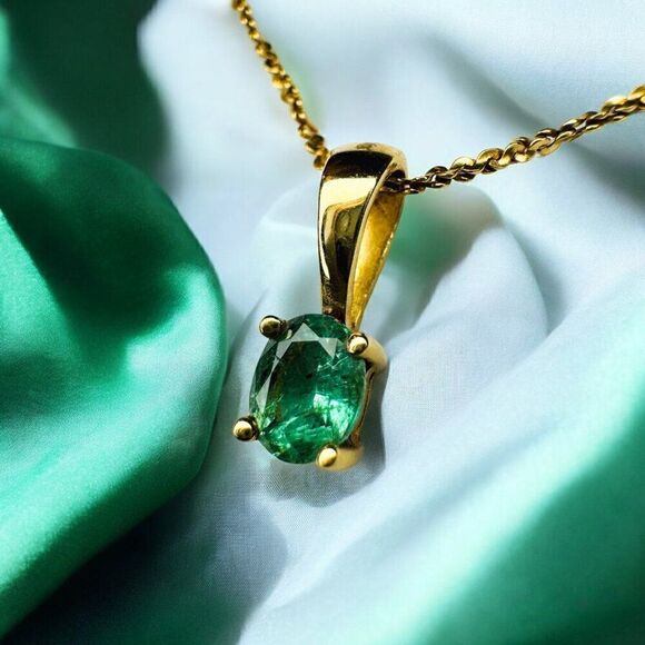 18k Gold Natural Colombian Emerald Necklace 16" Oval Cut 1/3 CTTW Solitaire 2.1g - Picture 14 of 16